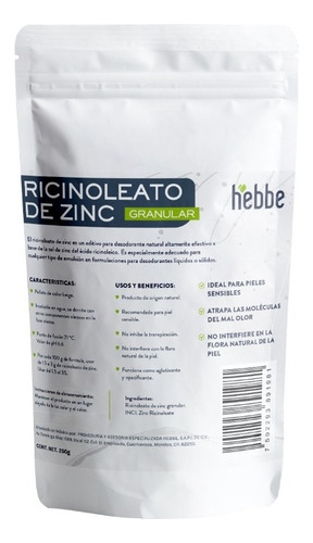 Ricinoleato De Zinc 100% Puro Desodorante Sólido Cosmet 250g Fragancia Neutra
