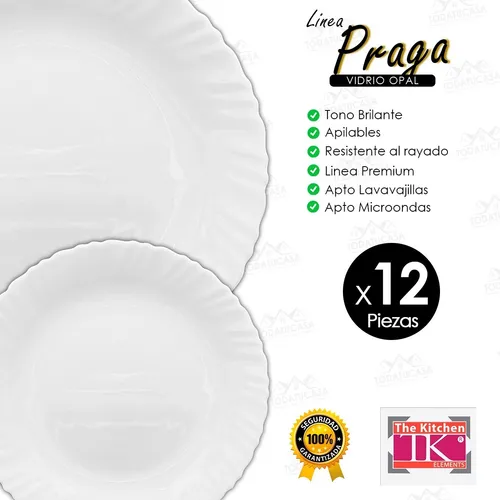 Pack 12 Platos Playo Postre Praga Vidrio Opalina Resistentes