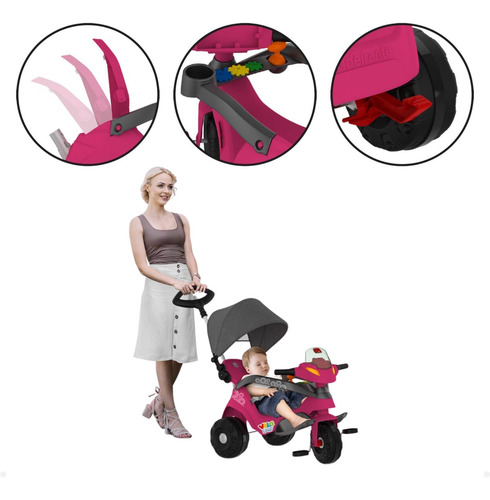 Velobaby Reclinavel Com Capota Triciclo Bandeirantes Rosa
