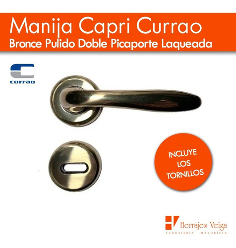 Imagen 3 de 10 de Manija Capri Currao Bronce Pulido Doble Picaporte Laqueada
