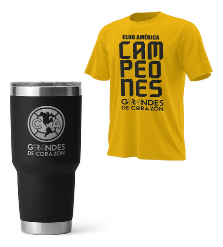 Kit Vaso Térmico Y Playera Logo América Campeón N - Amarillo