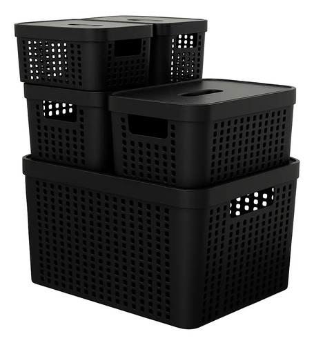 Kit 5 Caixas Organizadoras 2l 4,5l 17l Com Tampa Multiuso Cor Preto