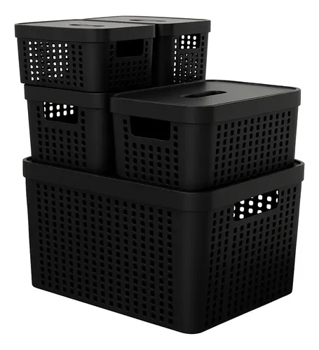Kit 5 Caixas Organizadoras 2l 4,5l 17l Com ​Tampa Multiuso Cor Preto Liso