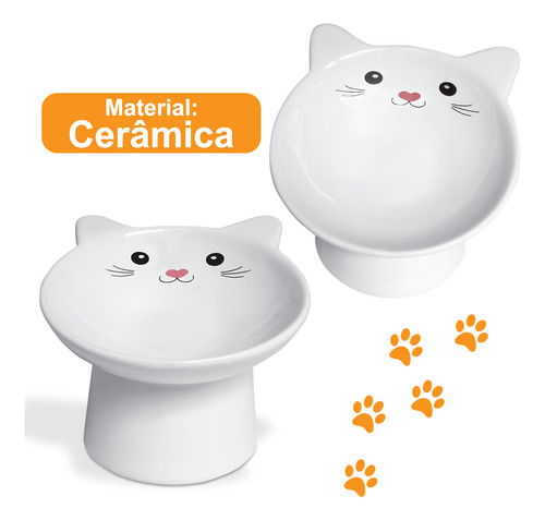 Kit 2 Comedouro Ergonômico Fofo P/ Gato Elevado Em Cerâmica