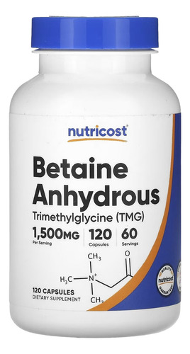 Betaína anidra Tmg 1.500 mg (120 cápsulas) Fabricada nos EUA com sabor sem sabor
