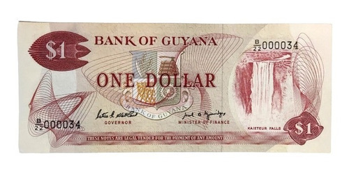 Billete 1 Dólar Serial Bajo 000034 1989 Guyana Unc