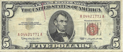 Estados Unidos Billete 5 Dolares 1963 Sello Rojo Mb- 