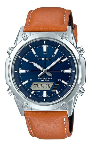Reloj Casio Amw-s820l-2avdf En Pulso De Cuero Hombre Color de la correa Marrrón Color del fondo Azul