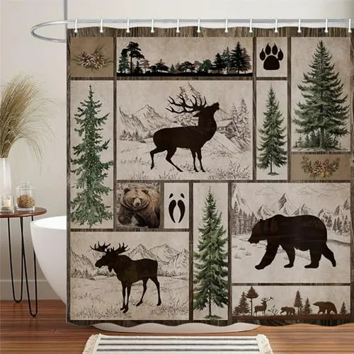 Cortina De Baño Rústica Con Osos Y Alces - Decoración Campes