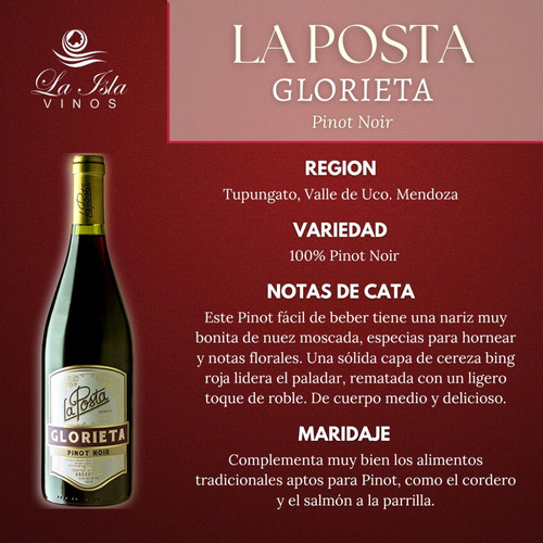 Imagen 2 de 10 de Vino La Posta Glorieta Pinot Noir 750ml. - Envíos