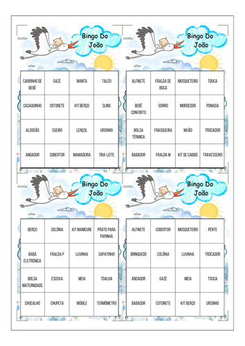Baby Bingo Dona Cegonha Chá De Bebê Menino 100 Cartelas Pdf