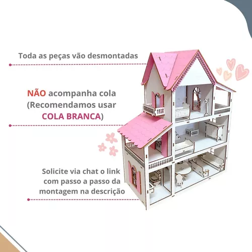 Casinha Boneca Mdf Cores + Kit 19 Mini Móveis Com Parquinhos