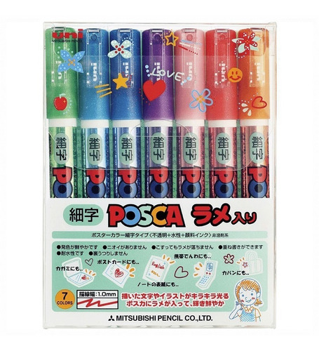 Set Uni Posca Marcadores 7 Colores Glitter 3m -  Japonés