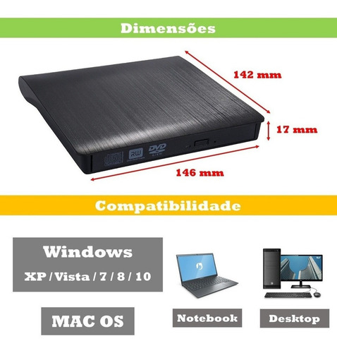 Imagem 2 de 9 de Leitor & Gravador Cd Dvd Drive Externo Usb 3.0 5gbps Slim