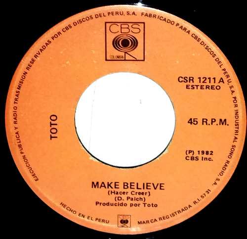Single 45 Toto - Make Belive + Africa 1982 Cbs