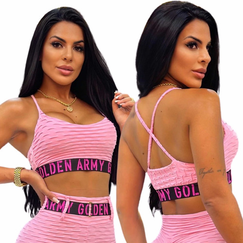 Top Fitness Brocado Rosa Neon Com Bojo Golden Army