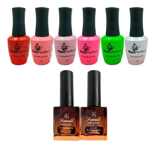 Kit 6 Esmalte Em Gel + Prime + Top Coat Nail Perfect Unhas