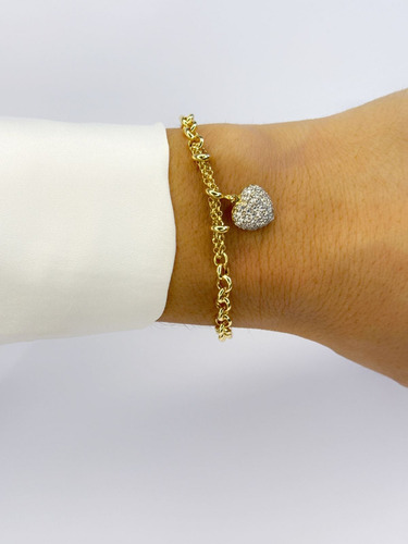 Pulseira Portuguesa Ouro 18k 750 Coração Cravejado Comprimento 20 Cm Diâmetro 5 Cm