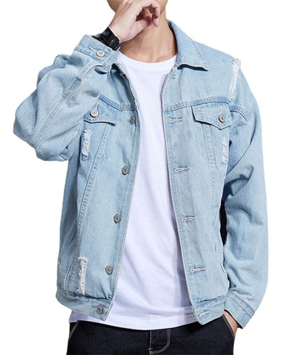 Color Sólido Casual Denim Solapa Chaqueta Hombre