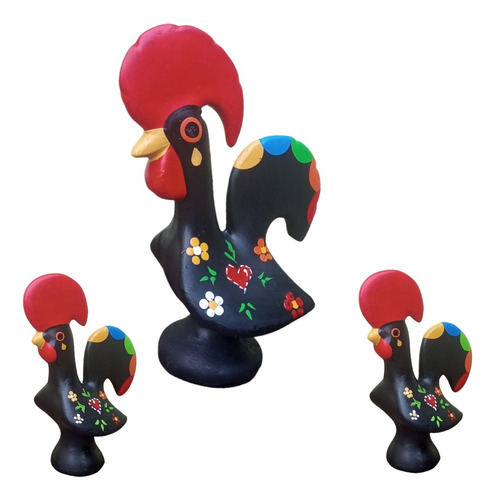 Trio Galo Português  Barcelos Colorido Ceramica Porcelana