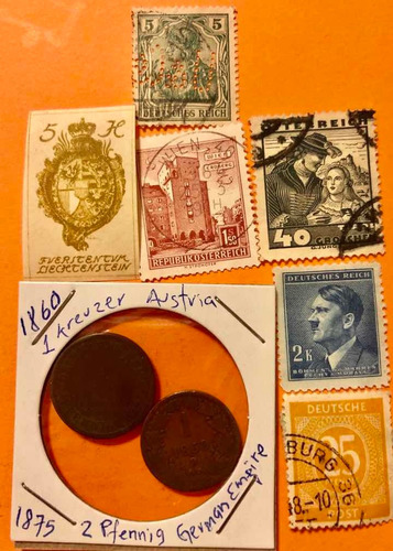 2 Monedas: 1860 Austria Y 1875 Alemania +6 Timbres 1 Hitler