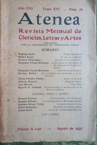 Revista Atenea N° 78 Año Viii Tomo Xvi