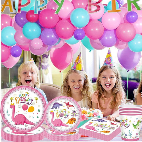 Vajilla De Fiesta De Dinosaurio Rosa Para 10 Personas