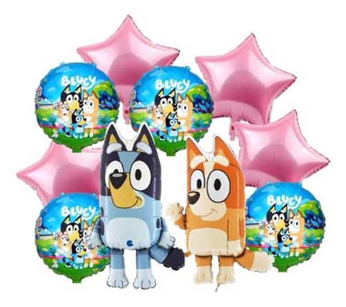 Bouquet 10 Globos Bluey Bingo Perro Mascota Decoración 