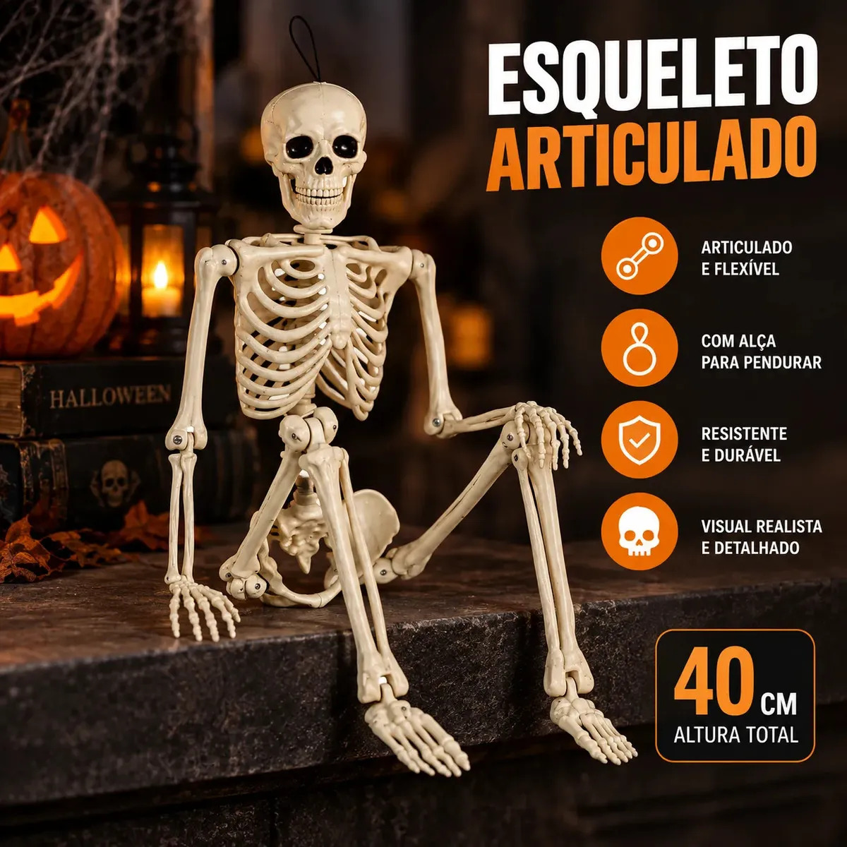 Esqueleto Caveira Decoração Halloween 40cm Enfeite Ossos Articulado Festa Dia das Bruxas