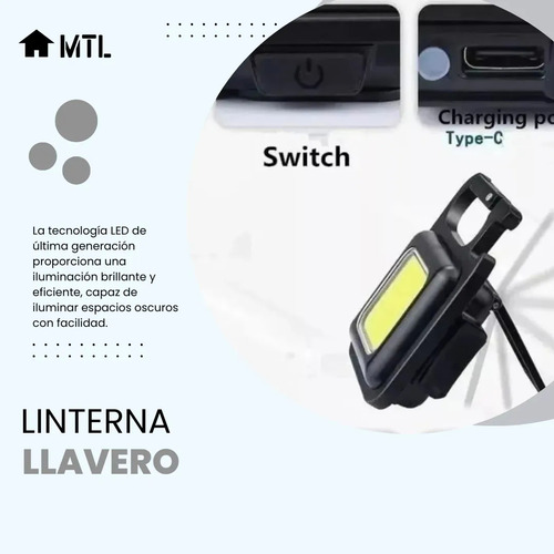 Linterna Multifuncional Mtl Llavero Led Keychain Recargable Linterna Negro Luz Blanco