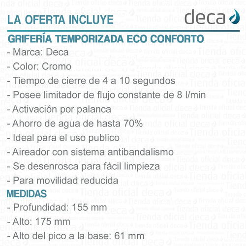 Imagen 6 de 10 de Griferia Deca Movilidad Reducida Lavatorio Discapacitados