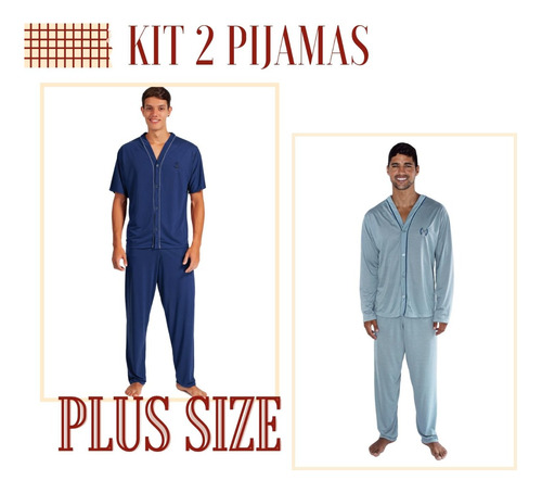 Pijama Masculino Plus Size Adulto 2 Conjuntos Com Botões