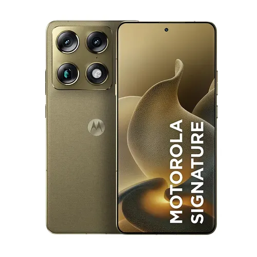 Smartphone Motorola Signature verde oliva exibindo a traseira com quatro câmeras e a frente com tela ligada