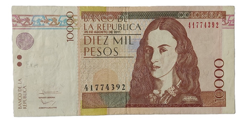Billete 10000 Pesos,estado Bueno(5-6.9),fecha:25/agosto/2011