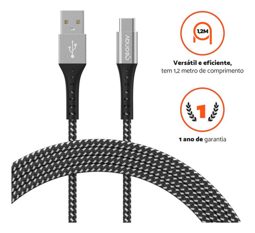 Cabo Usb-a Para Usb-c 1,2m Nylon Trançado Preto Geonav
