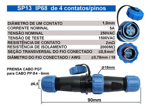 100x Conector 4 Vias Pinos Contatos Sp13 Plugue Ip68 Docking