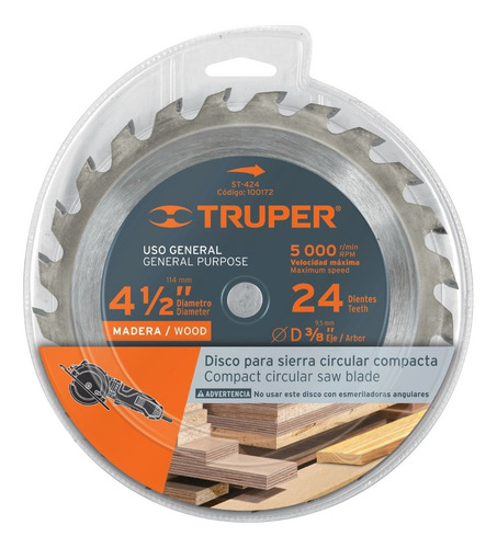 Disco Sierra Para Madera 4-1/2', 24 Dientes, Centro 3/8