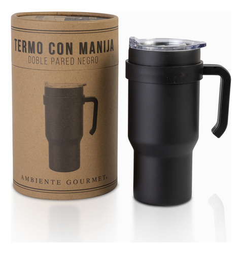 Termo Con Manija Doble Pared Negro Ambiente Gourmet