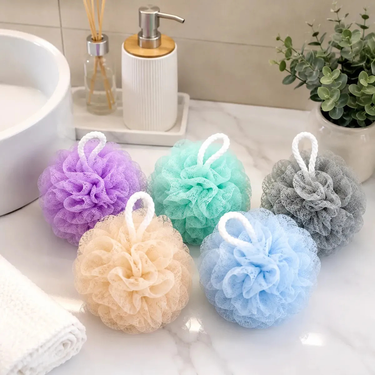 Pack de 5 Esponjas de Baño Craco Pon Pon de Tul Redondas, para Ducha