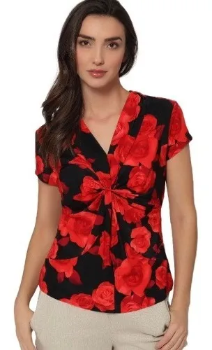 Blusa Con Flores Rosas Rojas Con Negro, Mujer, Sexi