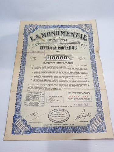 Antiguo Título Acción La Monumental $10.000 Mag 56848