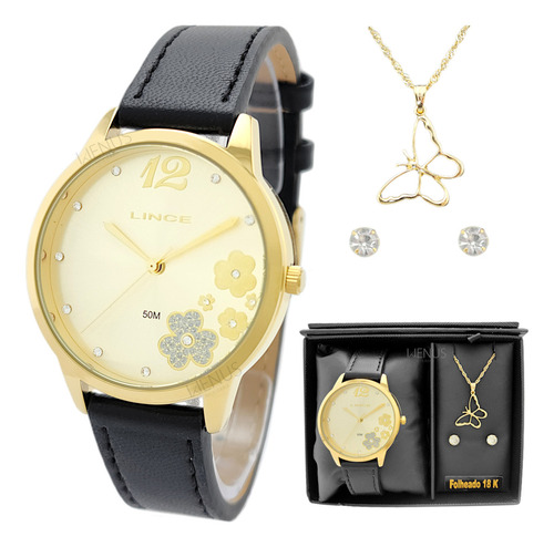 Kit Relógio Lince Com Colar E Brincos Feminino Correia Preto Bisel Dourado Fundo Creme