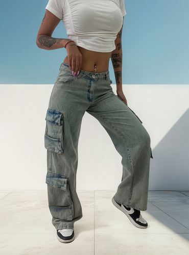 Jean Wide Leg Cargo Rigido Palm Tiro Bajo Mujer