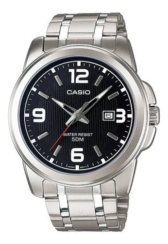 ácido ventaja nicotina Reloj pulsera Casio Enticer MTP-1314 de cuerpo color plateado, analógico,  para hombre, fondo negro, con correa de acero inoxidable color plateado,  agujas color gris, blanco y rojo, dial blanco y gris, minutero/segundero