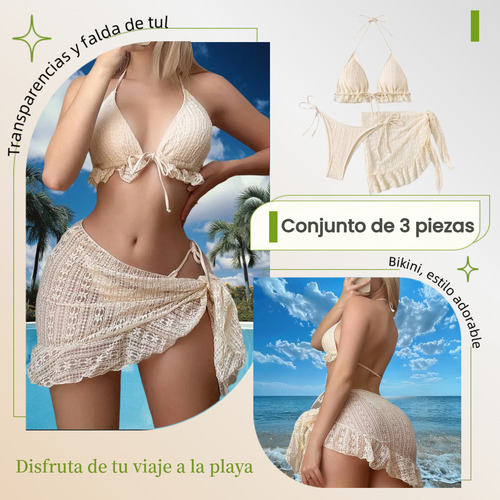 X Bikini De 3 Piezas Con Encaje Floral Y Falda