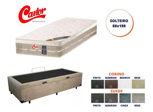  Cama Box Baú Solteiro + Colchão Castor Firme 88x188 Cor Suede Bege