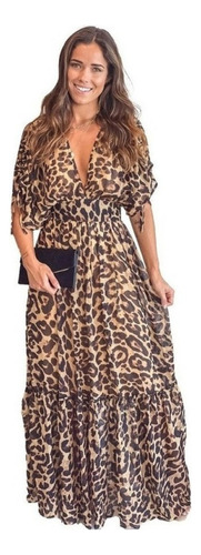 Maxi Vestido Largo Leopardo Estampado Animal Print Mang Larg