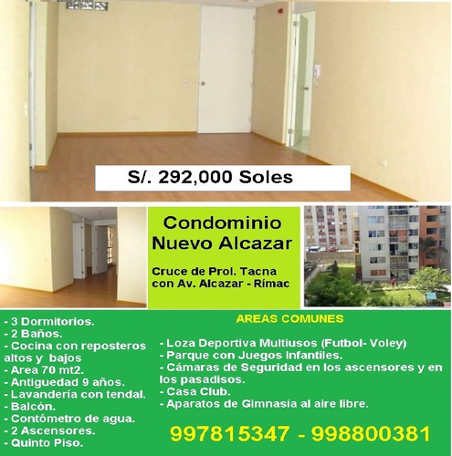 Rímac Vendo Dpto De 70 Mt2, 3 Dormitorios Y 2 Baños.