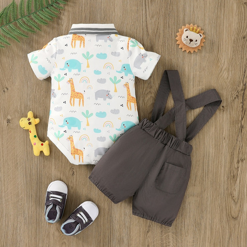 Conjunto Verano Con Estampado Animales Y Overol Para Bebé Marrón Oscuro 3-6 M