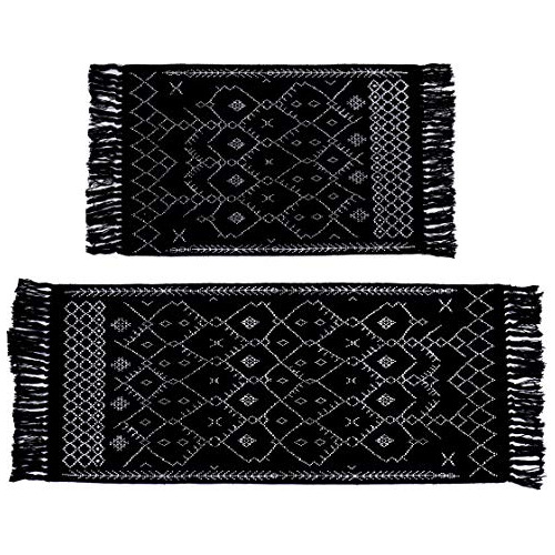 2 Pack Boho Bath Mat, Cotton Woven Throw Rug With Small...